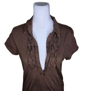 Talbots Cap Sleeve VNeck Ruffle Detail Slim Fit Top Womens Size M Brown